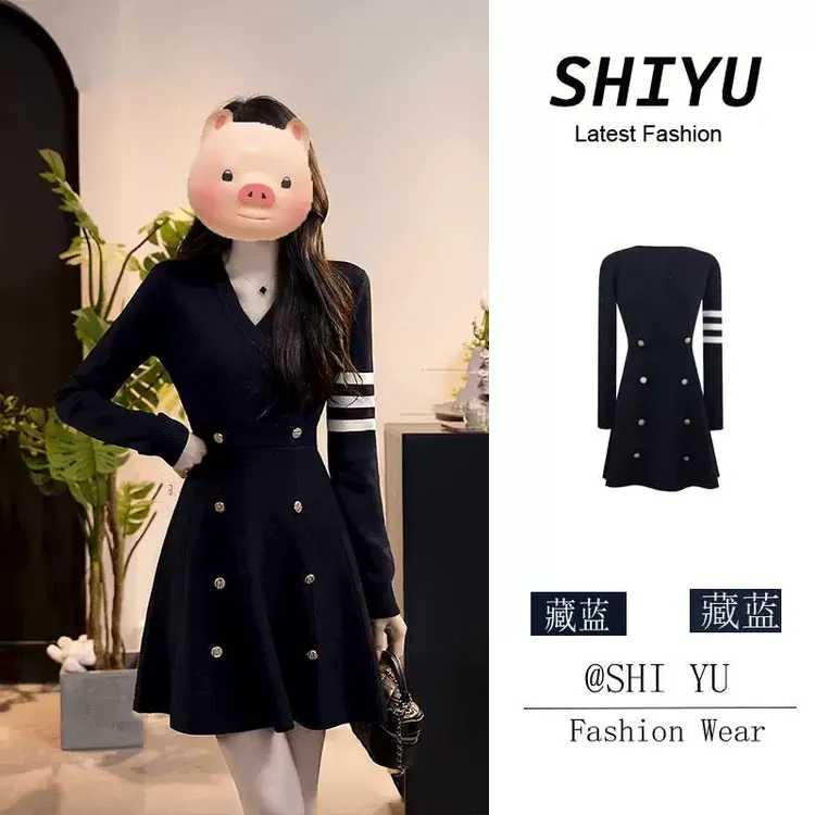 法式赫本小香风v领双排扣针织连衣裙女秋冬收腰内搭打底毛衣短裙