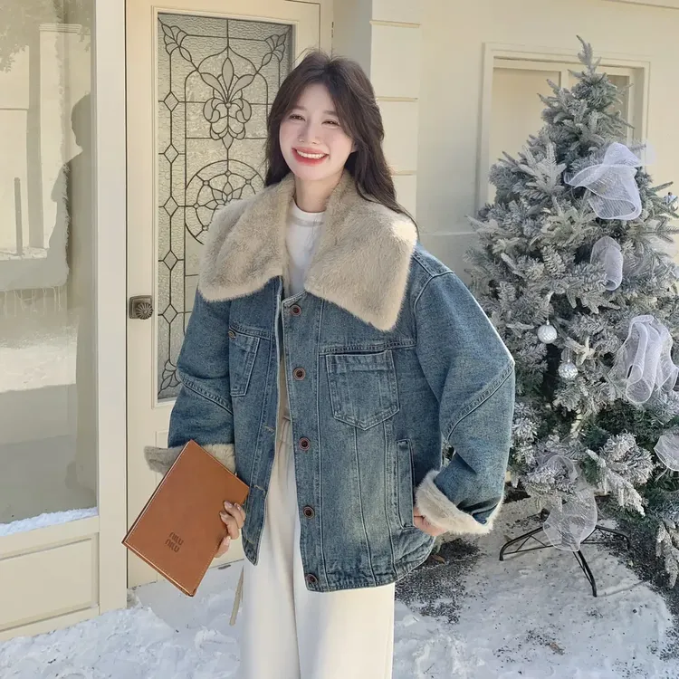 复古风大毛领加厚牛仔外套女2025年新款韩系设计感保暖棉衣1019#