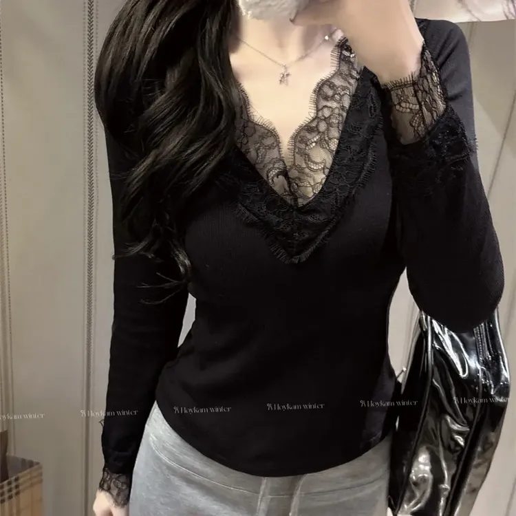 纯欲风拼接长袖人棉磨毛女秋冬带胸垫内搭上衣显瘦蕾丝打底百搭