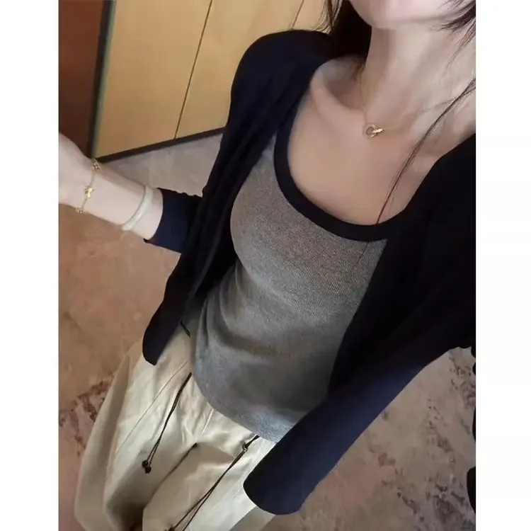 长袖开衫小外套女2025秋季款韩版时尚拼色吊带两件套洋气百搭上衣