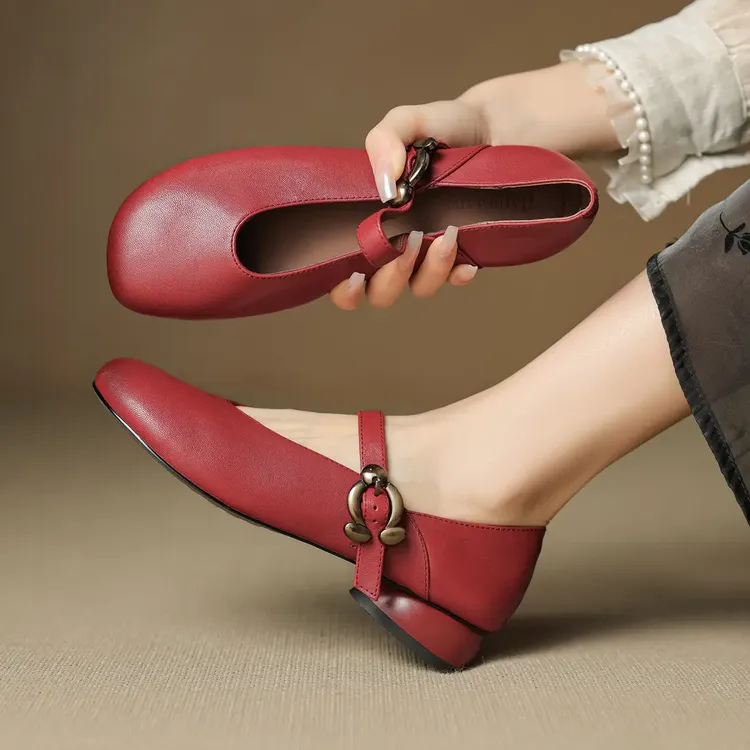 【跟高3CM】里外全真皮圆头粗跟平底一字扣带玛丽珍女鞋女单鞋
