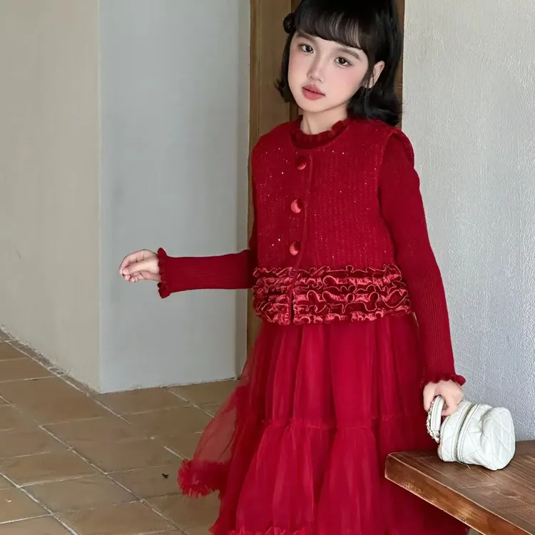 女童小香风加绒纱裙洋气公主裙秋冬装拜年服连衣裙