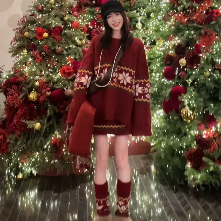 圣诞氛围感穿搭一整套女新款费尔岛风针织毛衣半身裙两件套