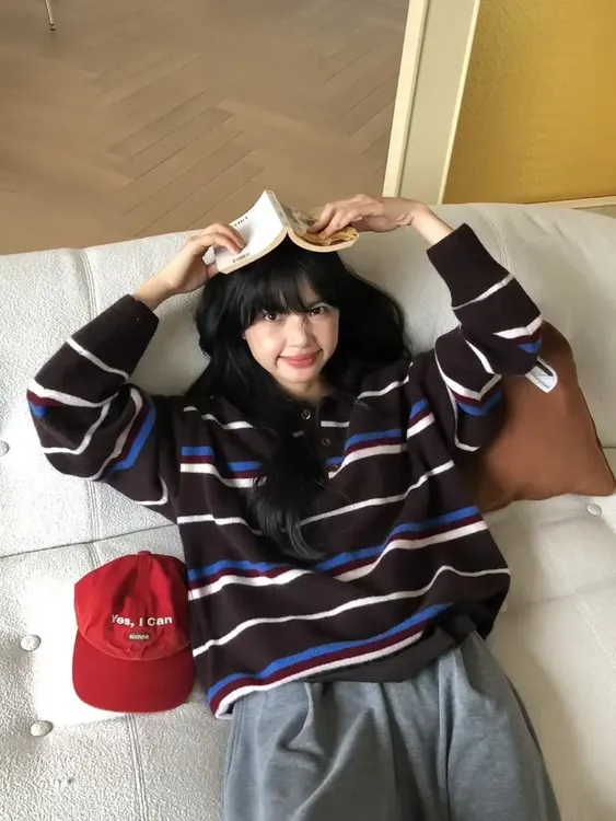 韩系复古撞色条纹毛衣女2025秋新款百搭休闲减龄polo领针织衫上衣