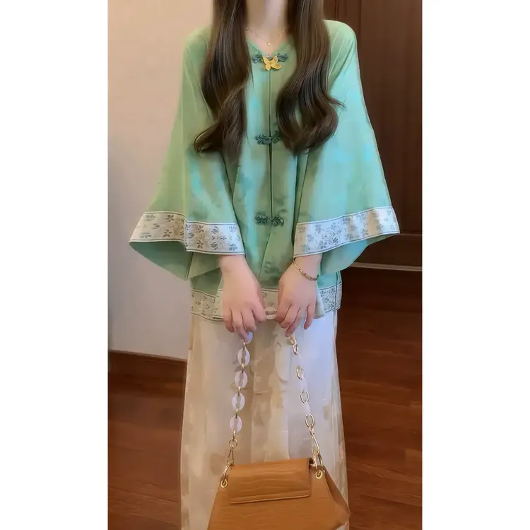 【青花鸾】新中式国风提花薄款衬衫V领上衣外套 半身裙时尚套装裙女