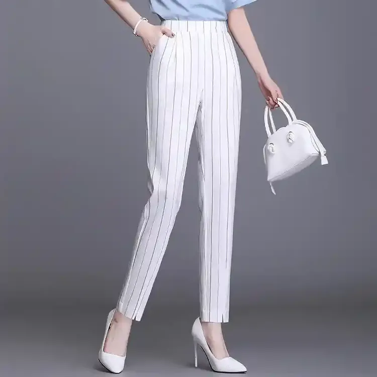 白色裤子女九分裤2025夏季薄款哈伦裤高腰西装裤大码休闲裤直筒裤