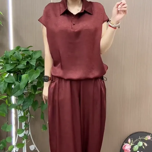 色暗花抽绳翻领醋酸上衣裤子两件套遮肉显瘦休闲简约时尚套装女新