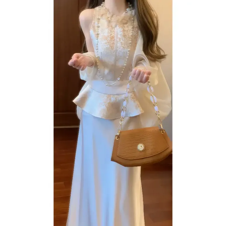 新中式国风立体鎏金提花上衣&鱼尾半身长裙套装