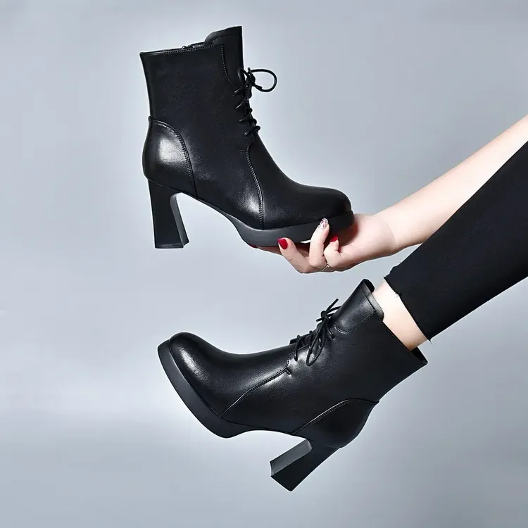 2024年春秋单靴高跟短靴女冬季加绒中筒靴子防水台粗跟真皮中跟