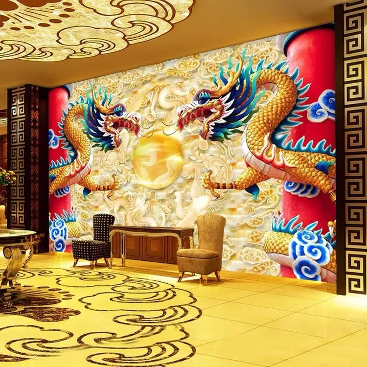 3D浮雕龙背景墙墙纸酒店宾馆大堂墙纸佛堂寺庙大殿龙纹壁画布无缝
