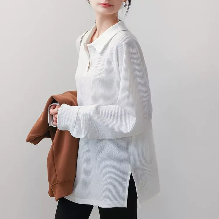白色中长款翻领长袖t恤女春秋新款宽松POLO衫内搭卫衣打底衫上衣