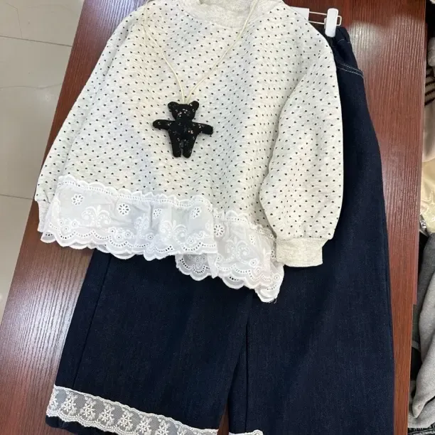 女童条纹常规款心形春秋B类套头卫衣套装上衣甜美