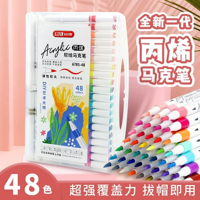 锐牌丙烯软头马克笔48色儿童无毒可水洗DIY绘画涂色12水彩笔美术