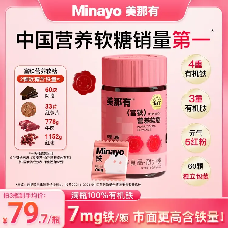 Minayo美那有高阶元气铁7mg富铁软糖有机铁元素女性孕妇0糖0脂