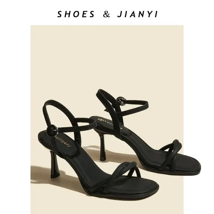 VRESH法式小众简约风黑色高跟凉鞋女夏2025新款交叉一字绑带细跟
