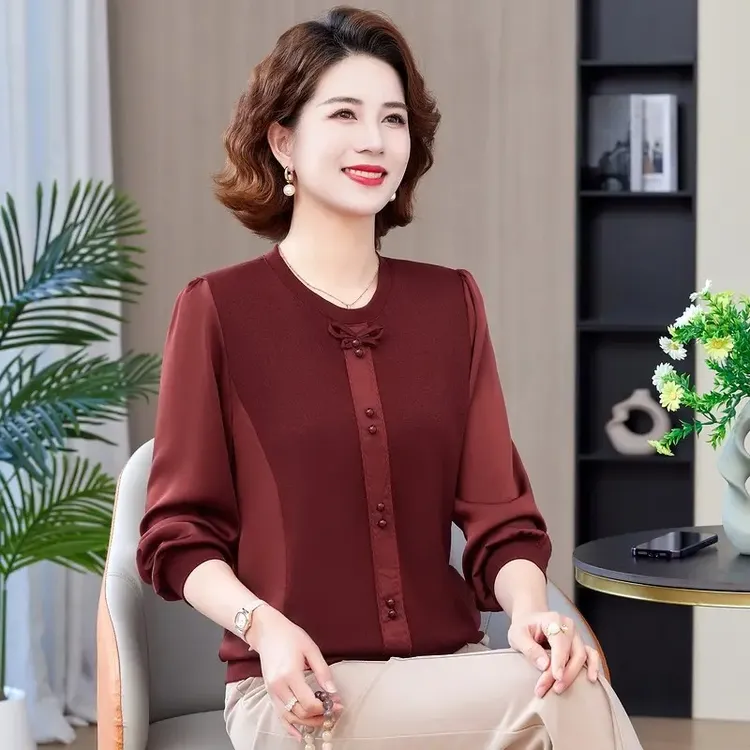 2025妈妈装春秋时尚洋气长袖T恤中老年女装春装针织打底上衣小衫