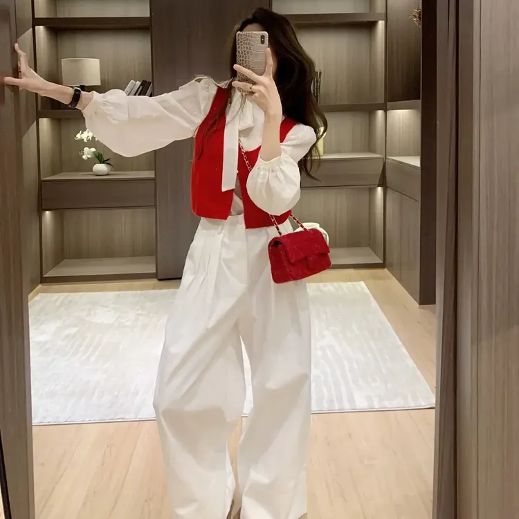 4199开春穿搭套装高级感减龄显瘦衬衫马甲搭配阔腿裤三件套上衣女
