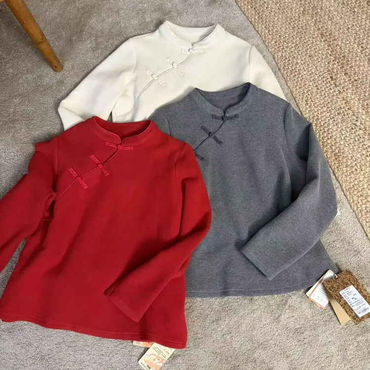 1377-立领长袖新中式绒衫圆领斜襟ins单排扣厚款卫衣拼接