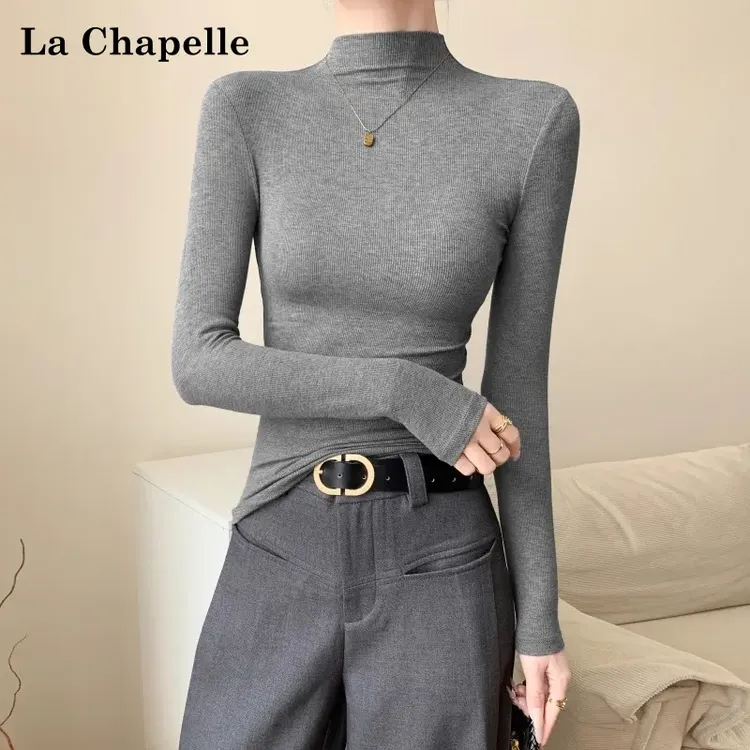 拉夏贝尔灰色半高领长袖打底衫女装秋季2025新款紧身针织螺纹上衣