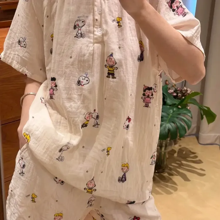 夏季可爱韩系卡通史努比短袖短裤少女睡衣家居服套装