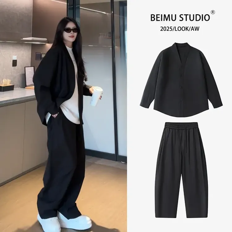 夏季新款简约百搭纯色V领高级感男士外套松紧腰休闲裤套装两件套