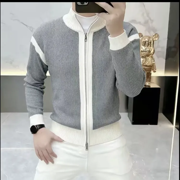 轻奢男装秋冬新款潮牌针织开衫外套男圆领修身时尚拼色毛衣百搭潮