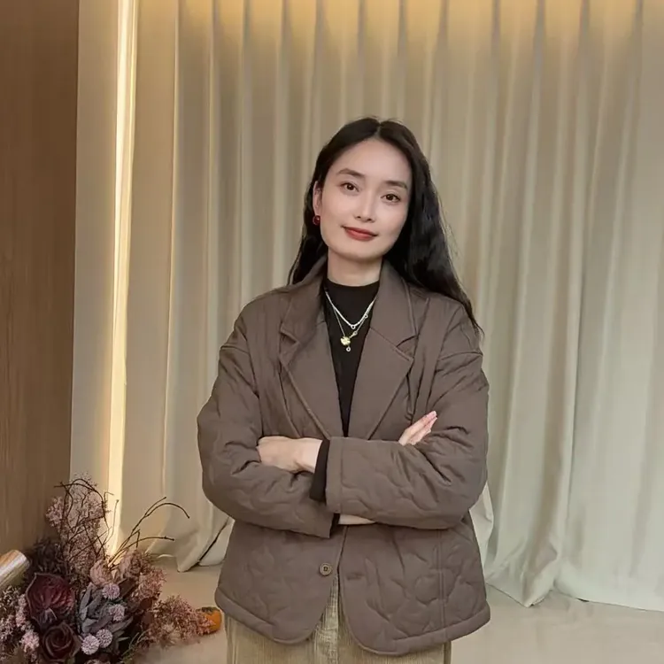 25780-宽松型西装领格子常规拼接棉服棉衣秋冬外套厚款韩版