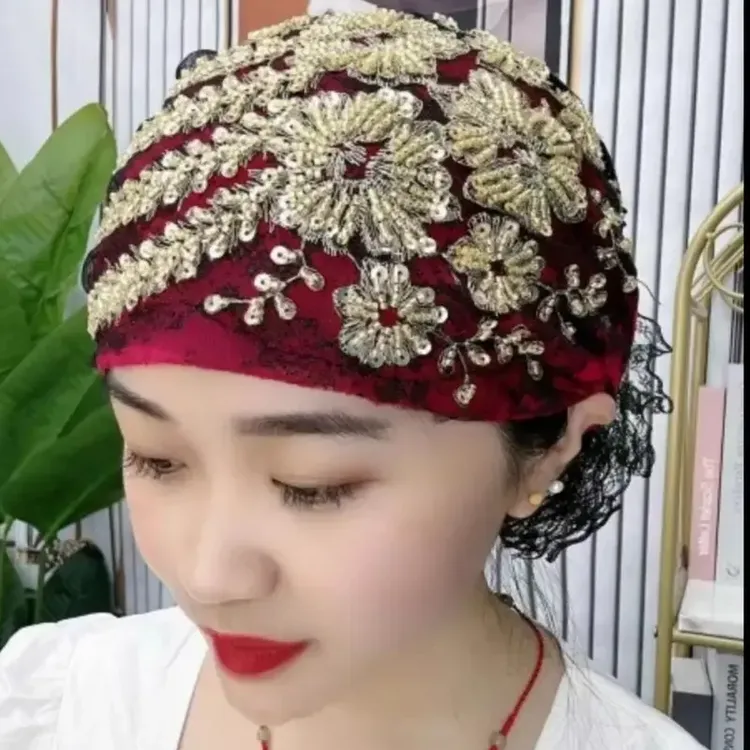 【惊爆价】新款凤尾绣花遮白发包帽时尚百搭蕾丝女款巾帽妈妈帽G307