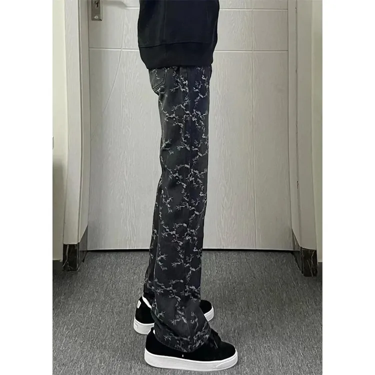 美式痞帅vibe黑色提花裤子男春秋季高街潮牌微喇牛仔裤修身直筒裤