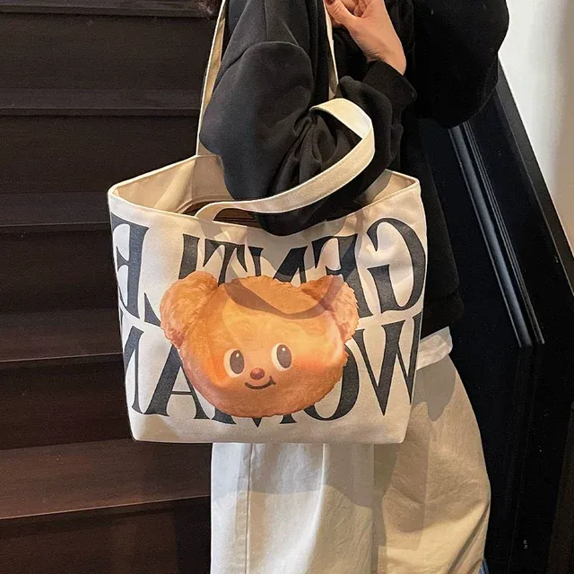 可爱小熊帆布包包女2025新款时尚大容量字母单肩包上课通勤托特包