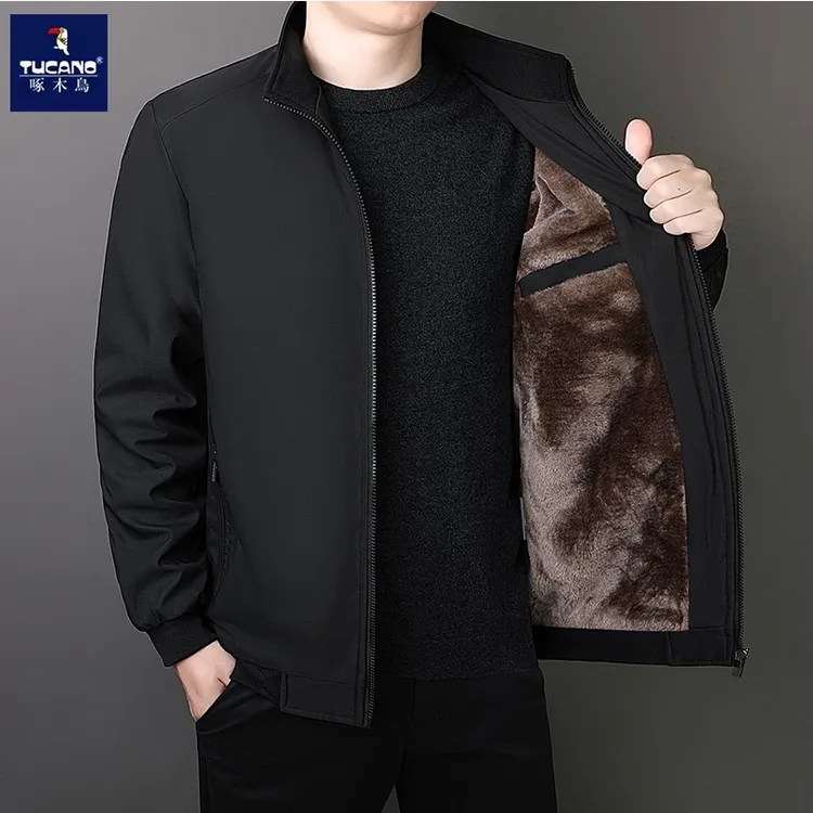 啄木鸟男士立领加绒加厚夹克秋冬季休闲保暖冬装防风加棉外套上衣