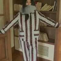 FT咖色竖条长袖长裤西莱咖尔风格家居服睡衣套装