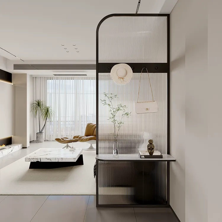 简约风入户客厅弧形长虹玻璃屏风带挂钩正对卫生间遮挡不锈钢隔断