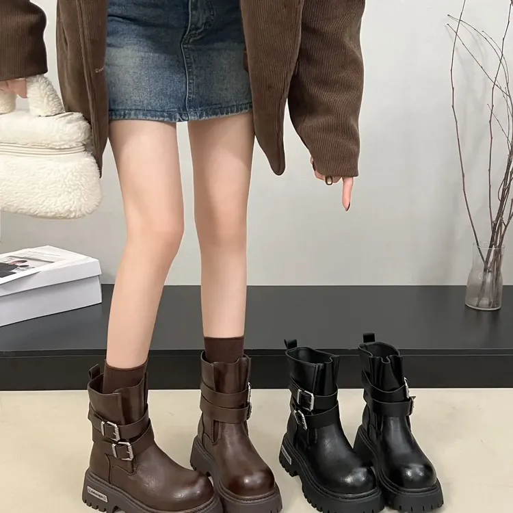 【A105】加棉冬季中跟秋季女马丁靴小个子裤管靴子套筒增高欧美风