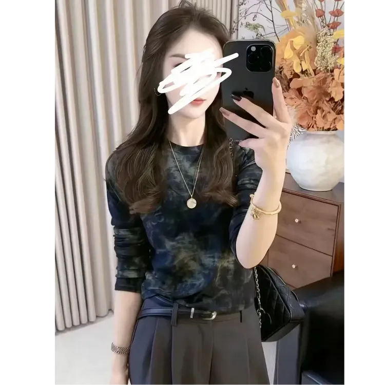 2025秋冬新款扎染德绒长袖T恤修身显瘦百搭气质韩版打底衫上衣女