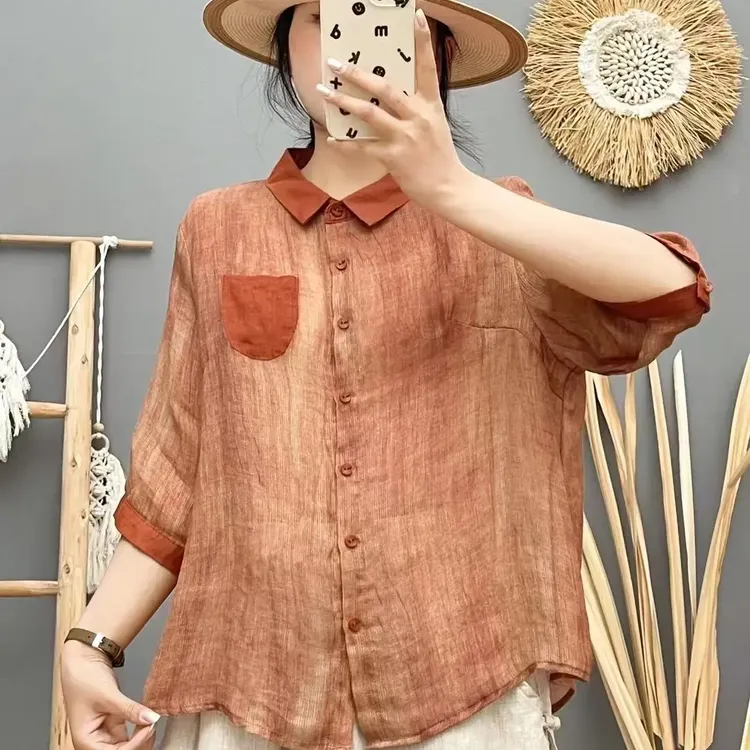 苎麻短袖衬衫女夏季宽松休闲拼色设计单排扣印花上衣
