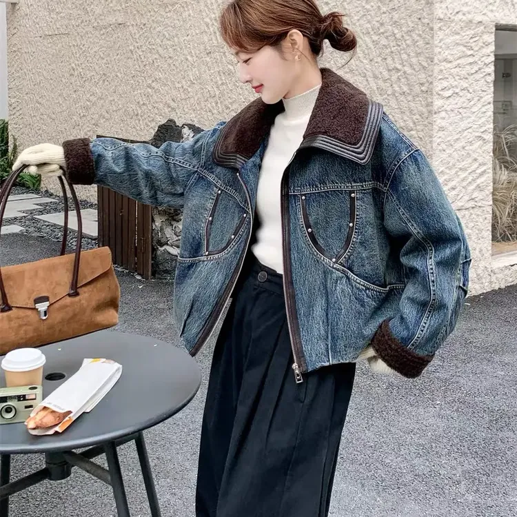 《木兮木》2025新款加棉蓝色翻领拼接牛仔女新款高级感复古减龄外套