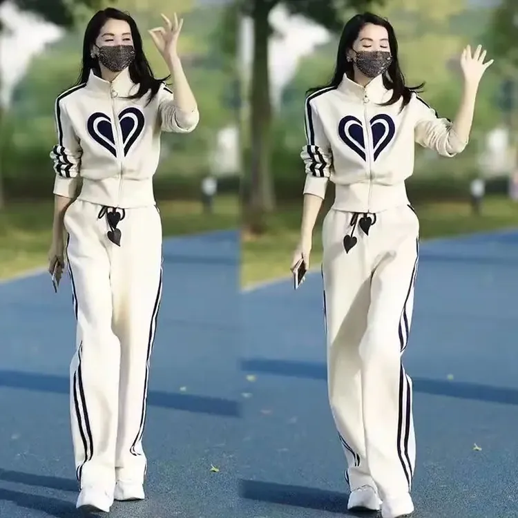 春秋高级感立领洋气拉链卫衣外套阔腿裤两件套时尚休闲运动套装女