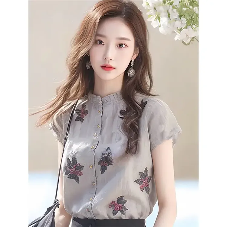 苎麻上衣女洋气高端别致小衫灰色亚麻棉麻印花短袖衬衫夏新款