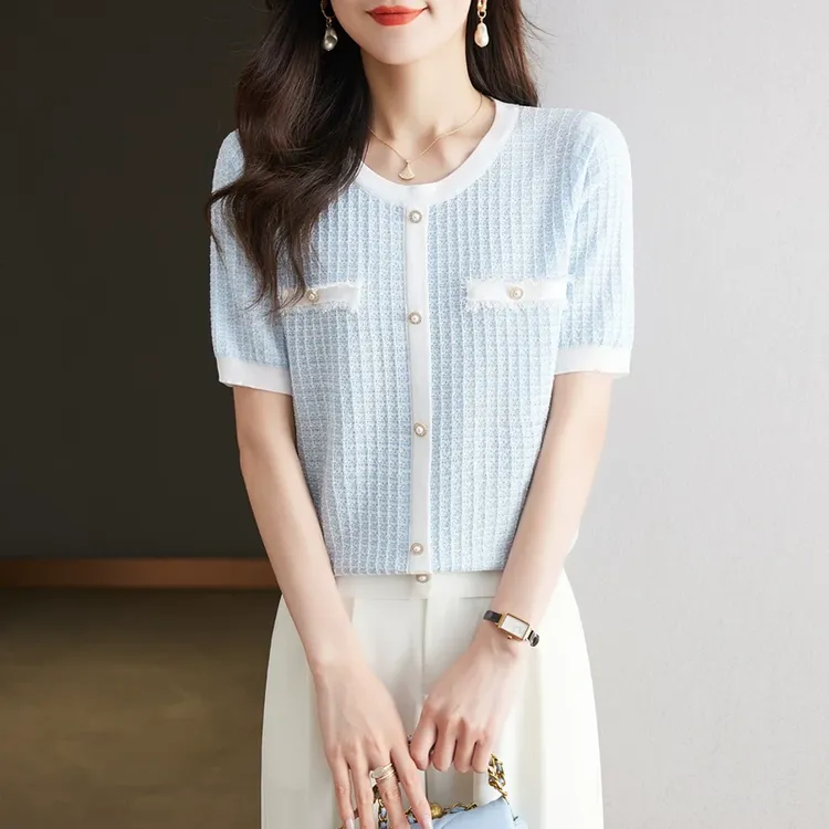 金狐狸小香风短袖t恤女装2025夏季新款高级感圆领薄款冰丝体恤气