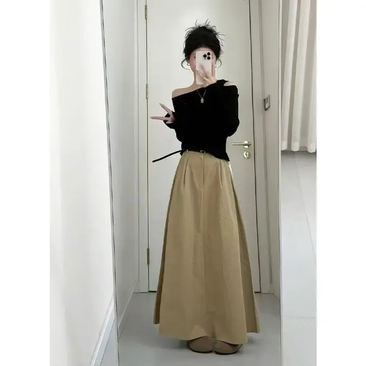 欧货春秋黑色露肩T恤 显瘦中长款半身裙女高腰百搭休闲A字裙伞裙