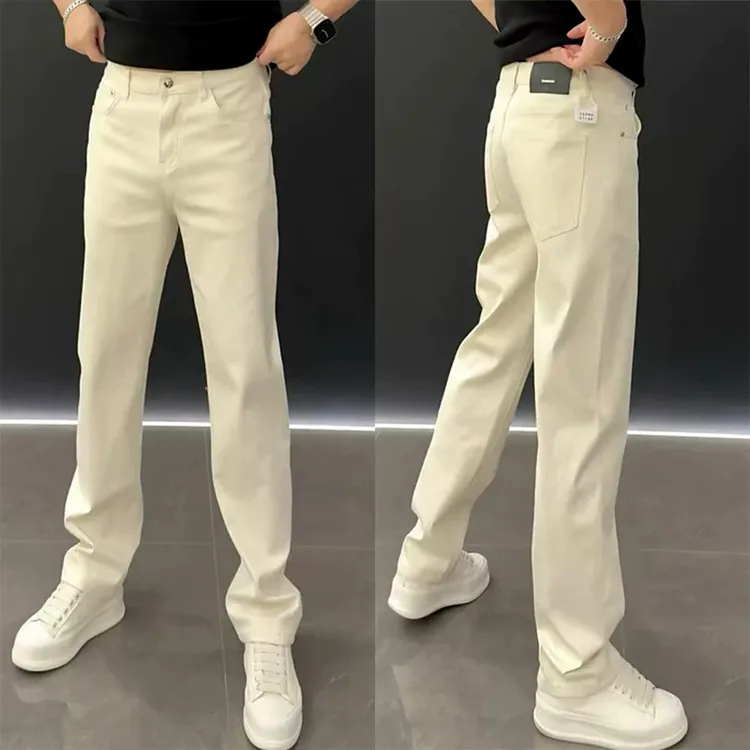 欧货商务米白色牛仔裤男士2025春季潮流宽松休闲裤弹力舒适直筒裤