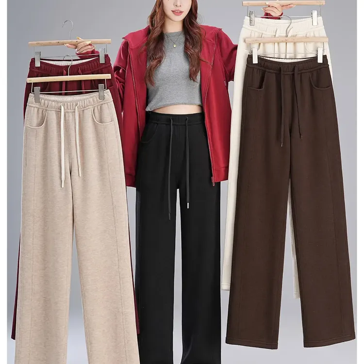 五只白鹅2025冬季羊毛蚕丝裤垂感直筒窄版阔腿裤女士加绒加厚裤子