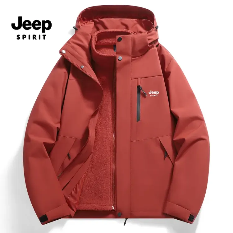 JEEPSPIRIT外套三合一可拆卸男女款加绒加厚防水登山风衣外套