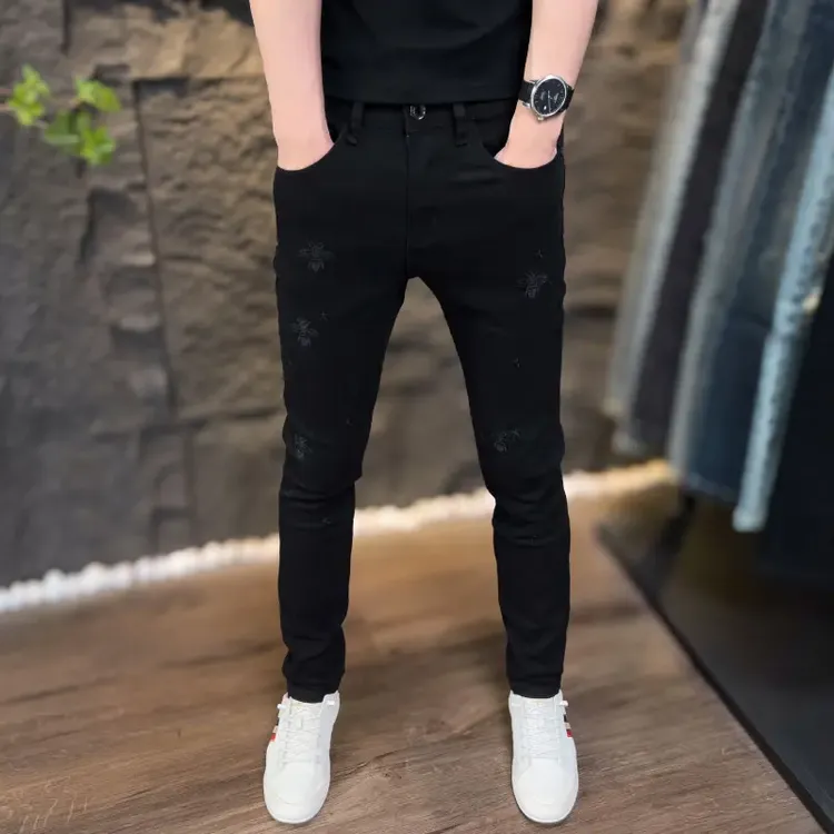 刺绣牛仔裤男士潮流修身活力黑色裤子休闲百搭时尚弹力秋冬新款裤