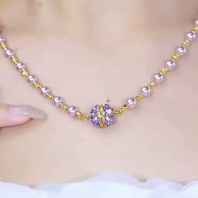 有球必应紫色镶钻球球磁吸珍珠项链女短款设计感小众个性吊坠配饰