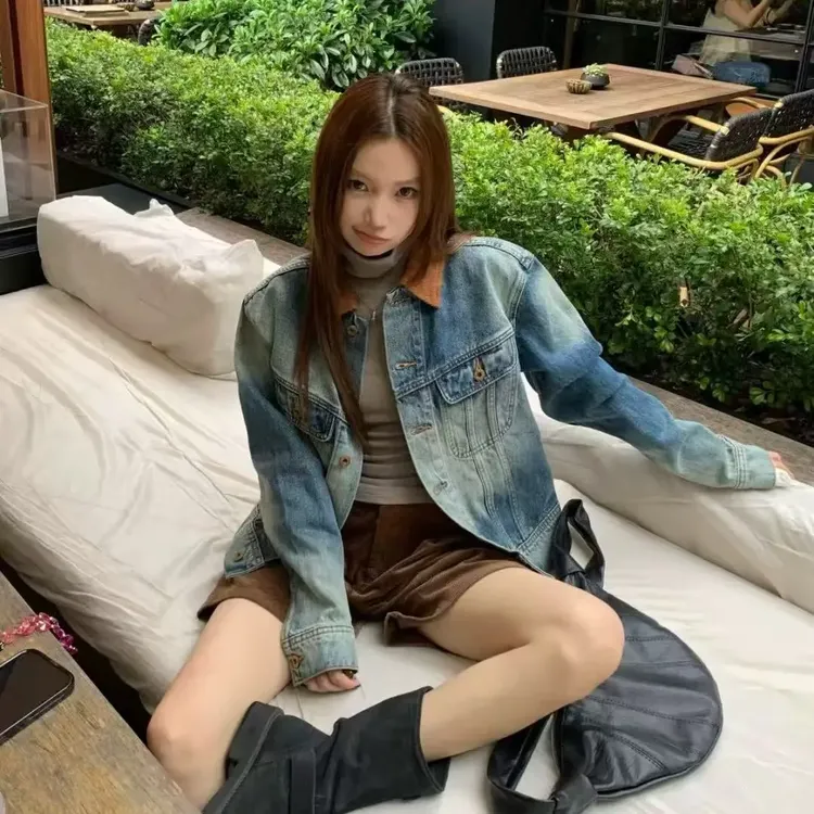 番茄妹妹Tomatosister秋季灯芯绒领复古落肩廓形牛仔夹克女10007#