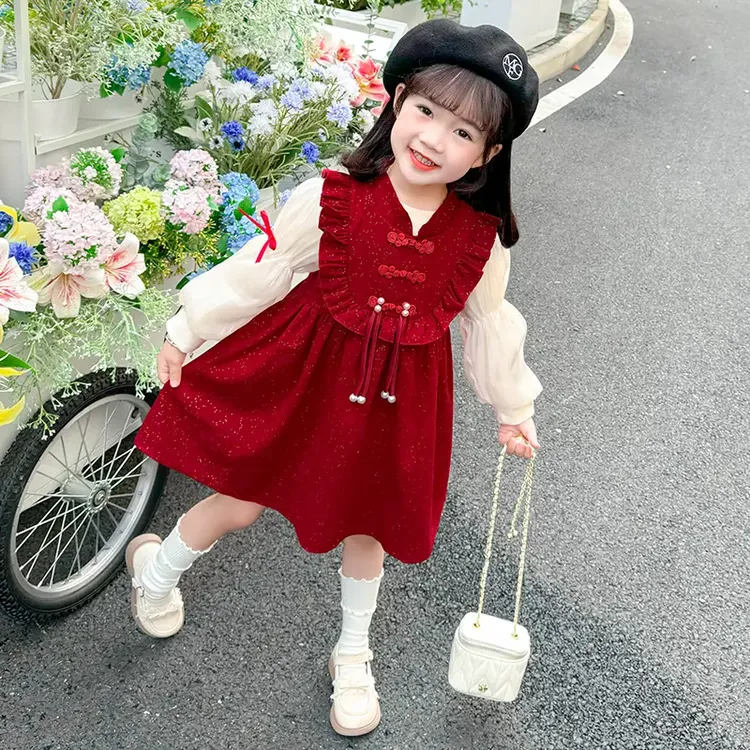 女童冬季新款红色拜年服两件套中小童加绒背心国风盘扣连衣裙