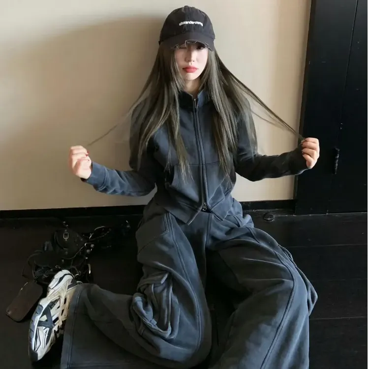 2024秋冬新款慵懒风宽松休闲直筒阔腿工装裤套装女卫衣外套两件套