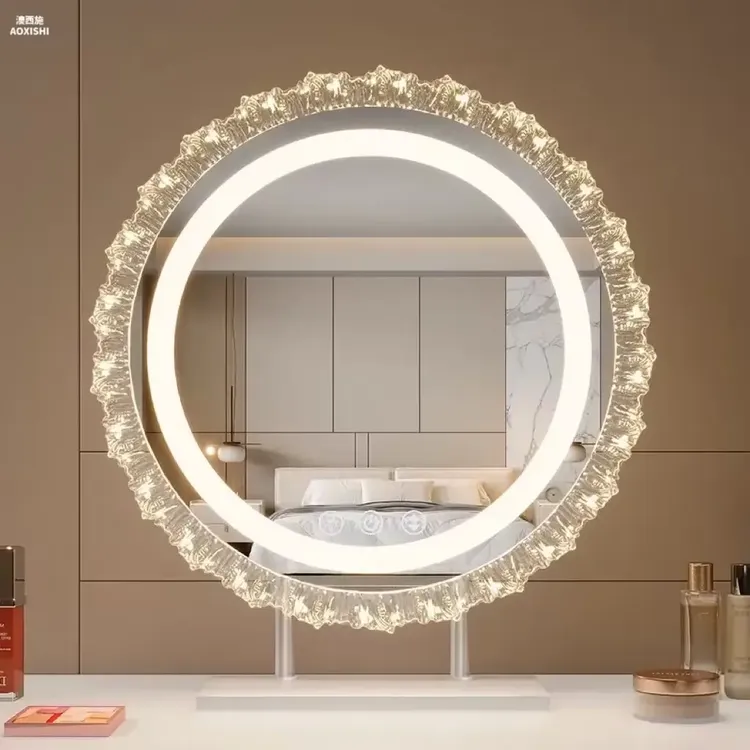 化妆镜led花边台式桌面梳妆台镜子带灯旋转洗手台盆柜组合
